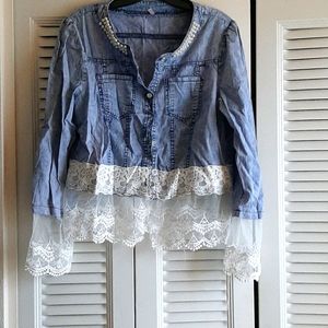Women's denim and lace cropped jacket